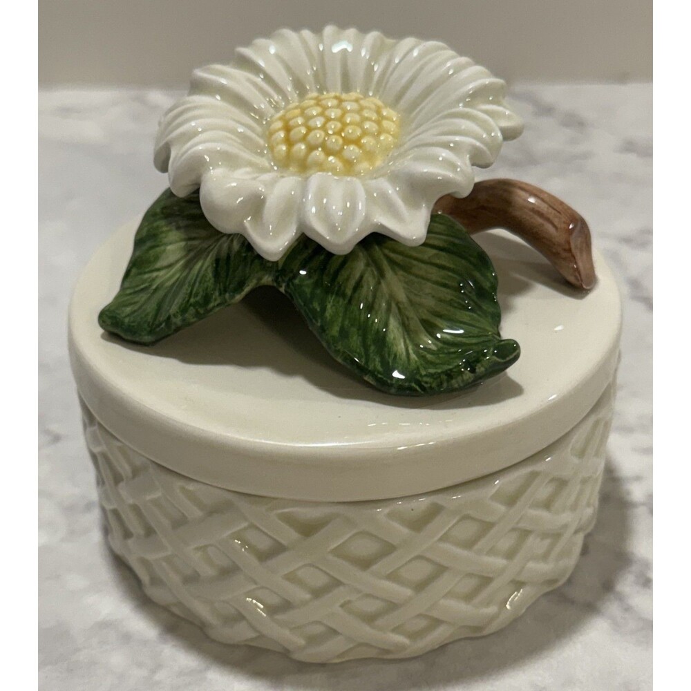 Vintage Fitz & Floyd Home Fragrance Candle Ceramic Trinket Box White Flower